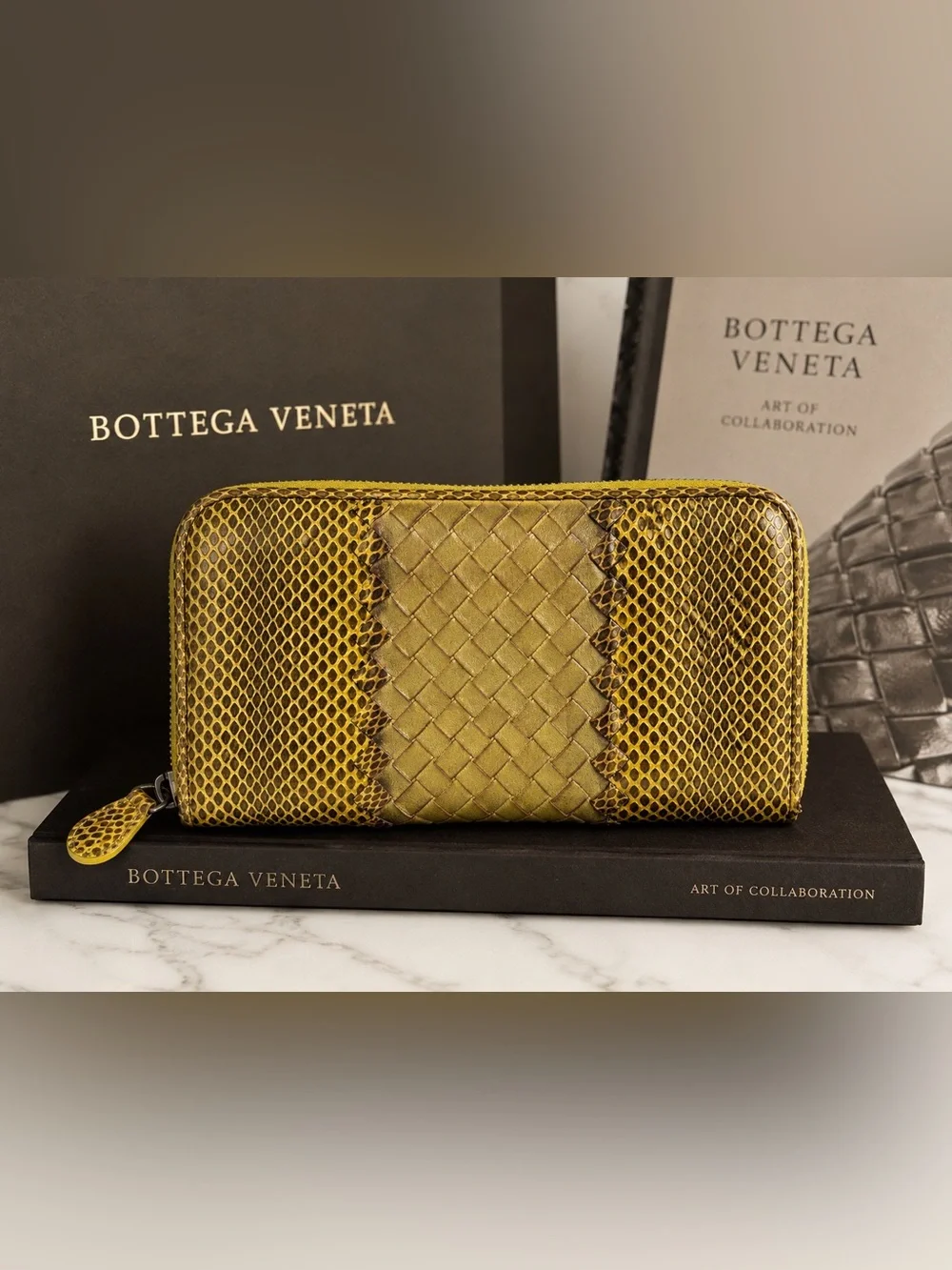 Bottega Veneta Chartreuse Leather Intrecciato & Snakeskin Zip Wallet